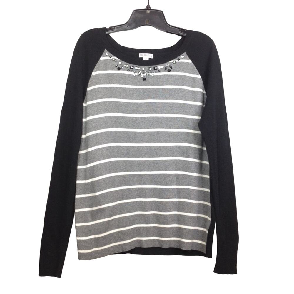 Merona Womens Grey Crewneck Embellished Striped Long Sleeve Sweater L